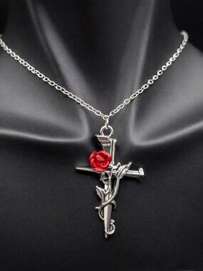 Gothic Thorn Rose Cross Necklace Dark Romance Vampire Goth Jewelry